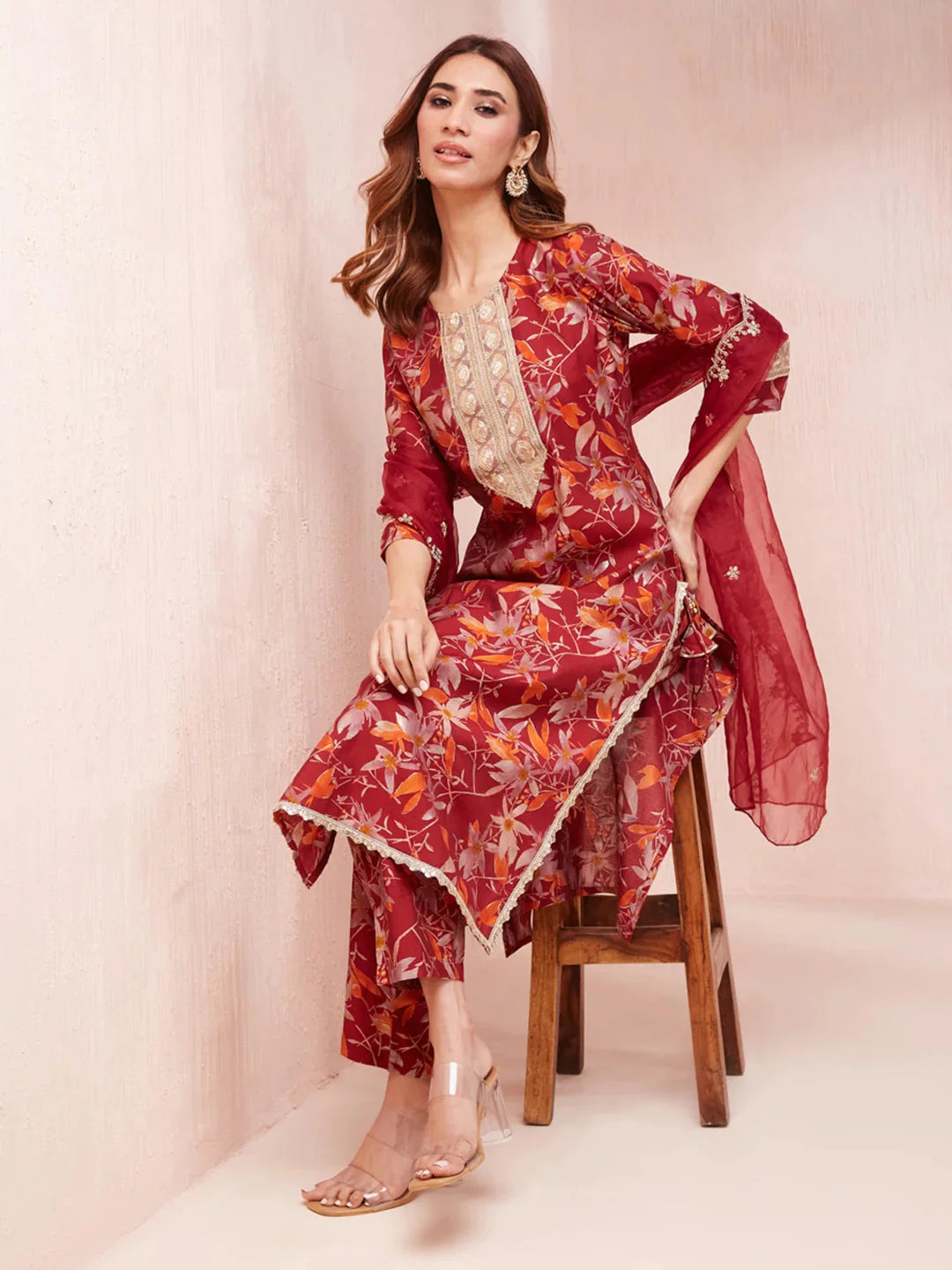 Yufta Maroon Floral Print Sequins_Work Straight Kurta Trouser And Dupatta Set - Distacart