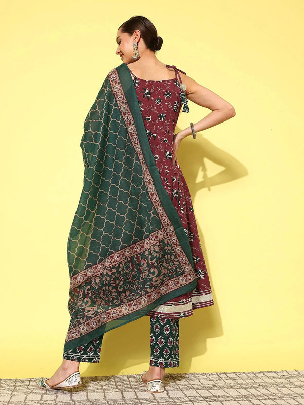 Yufta Maroon Floral Printed Pleated Pure Cotton Kurta with Trousers & Dupatta