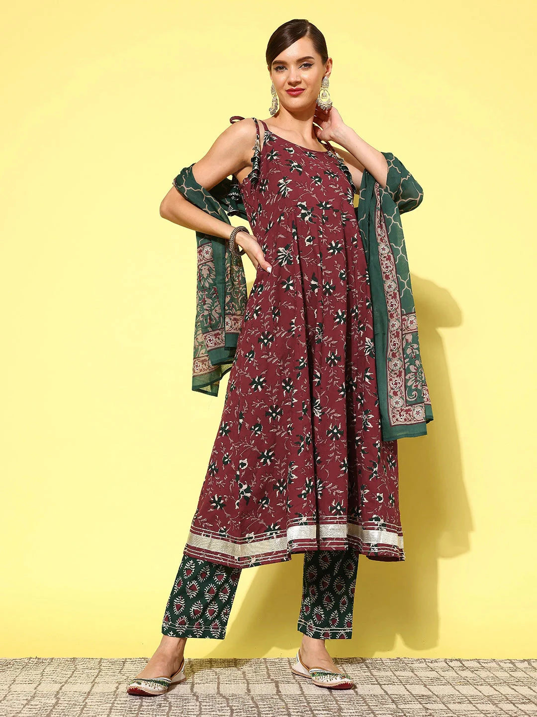 Yufta Maroon Floral Printed Pleated Pure Cotton Kurta with Trousers & Dupatta