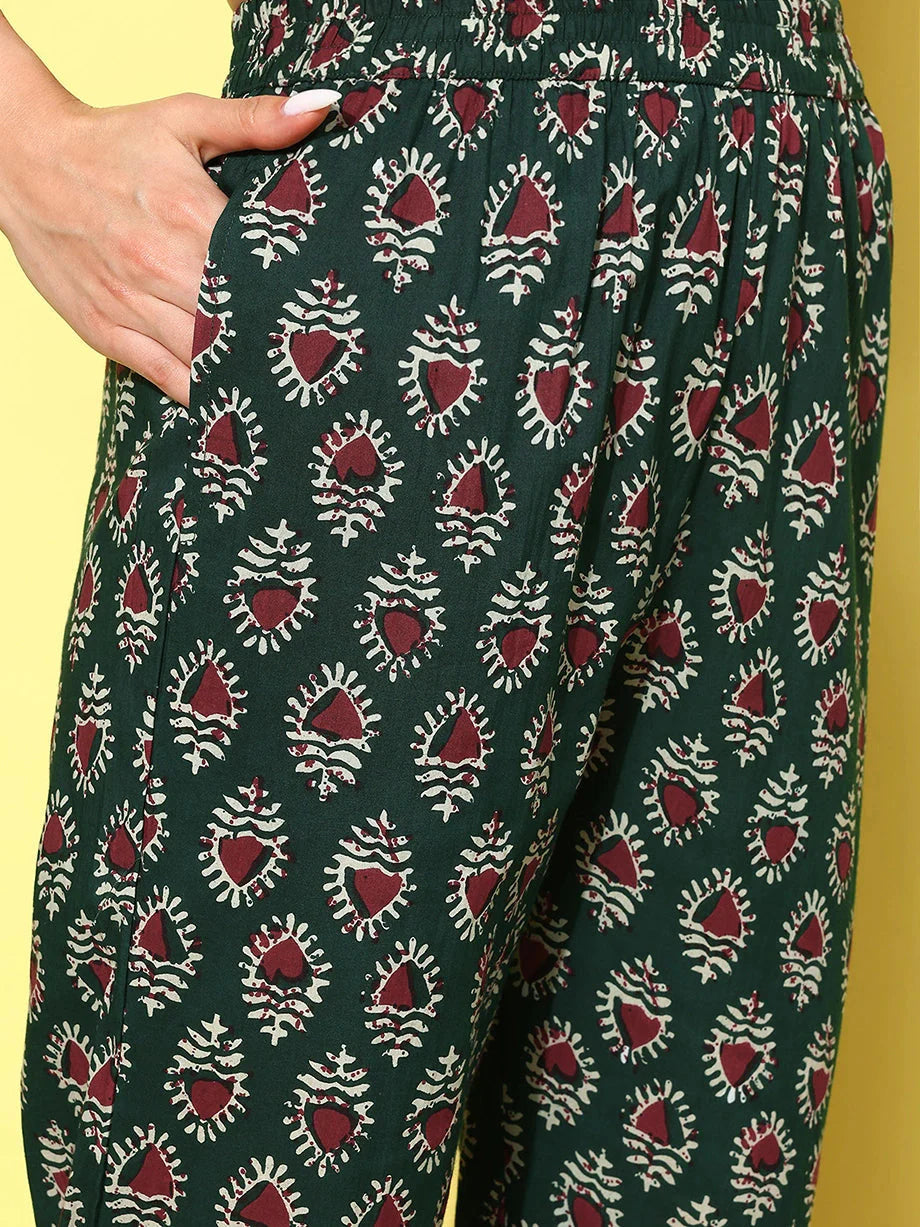 Yufta Maroon Floral Printed Pleated Pure Cotton Kurta with Trousers & Dupatta