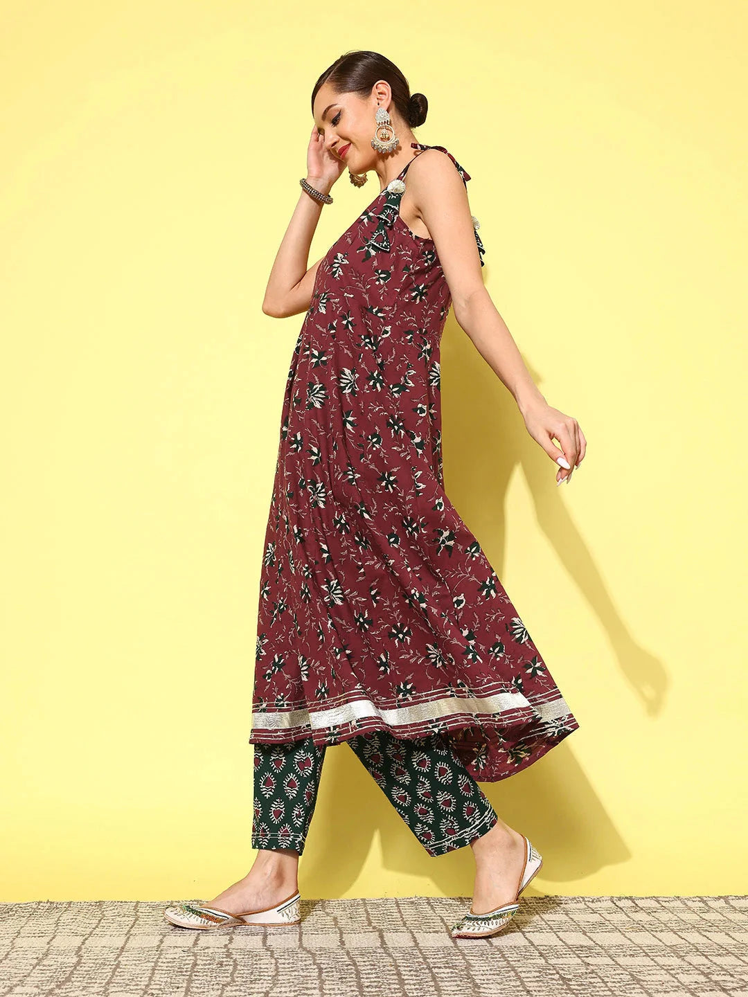 Yufta Maroon Floral Printed Pleated Pure Cotton Kurta with Trousers & Dupatta