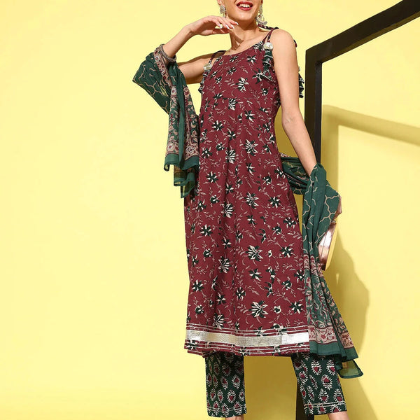 Yufta Maroon Floral Printed Pleated Pure Cotton Kurta with Trousers & Dupatta - Distacart
