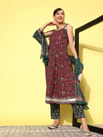 Thumbnail for Yufta Maroon Floral Printed Pleated Pure Cotton Kurta with Trousers & Dupatta