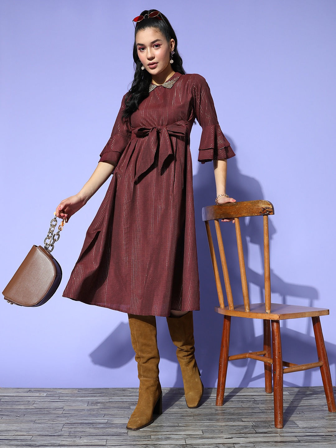 Yufta Maroon Peter Pan Collar Dress - Distacart