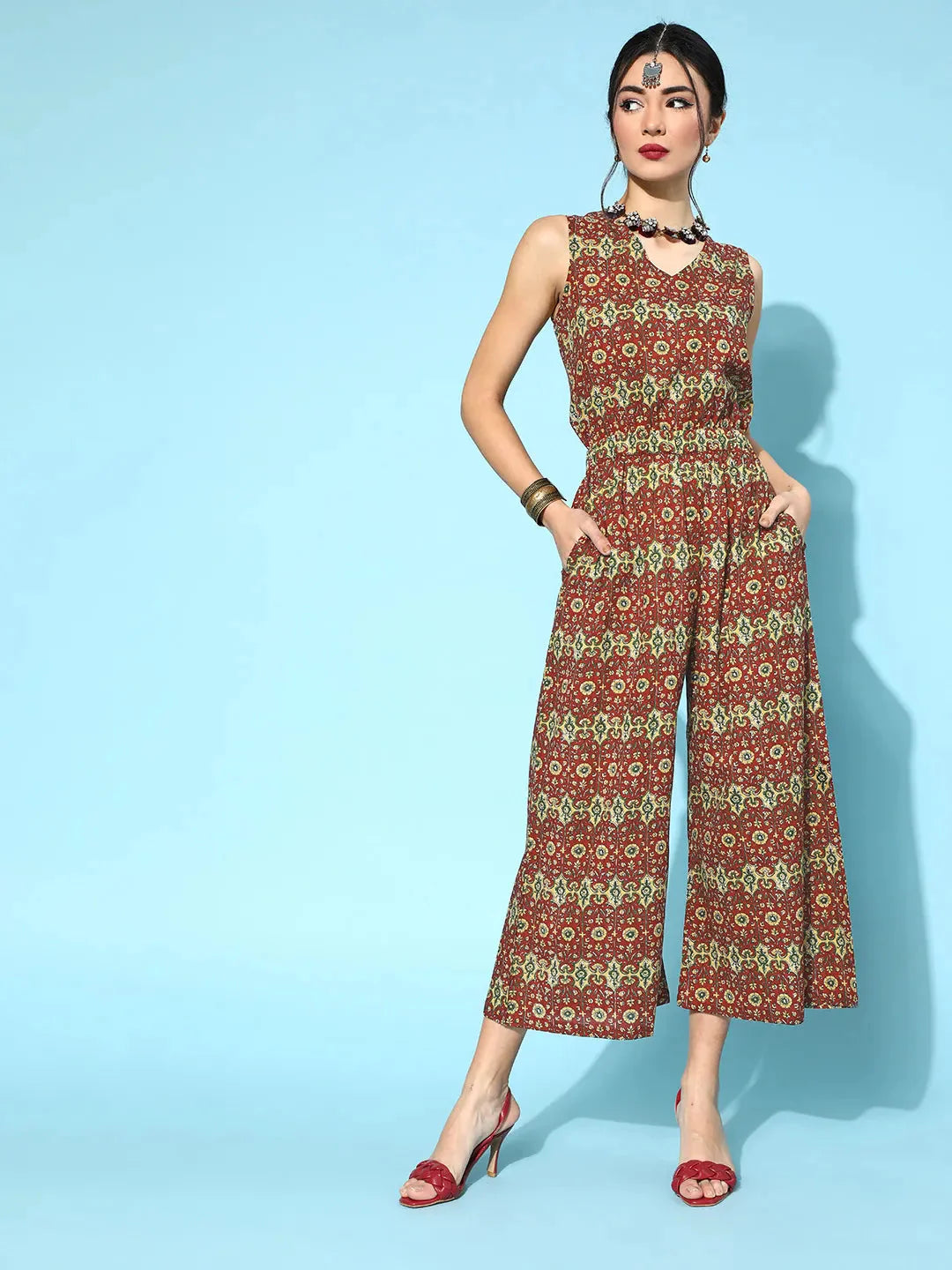 Yufta Maroon Printed Jumpsuit - Distacart