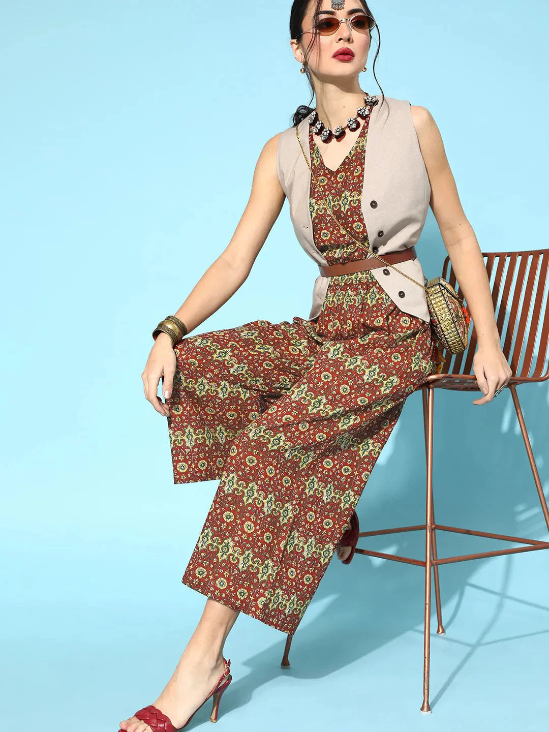Yufta Maroon Printed Jumpsuit