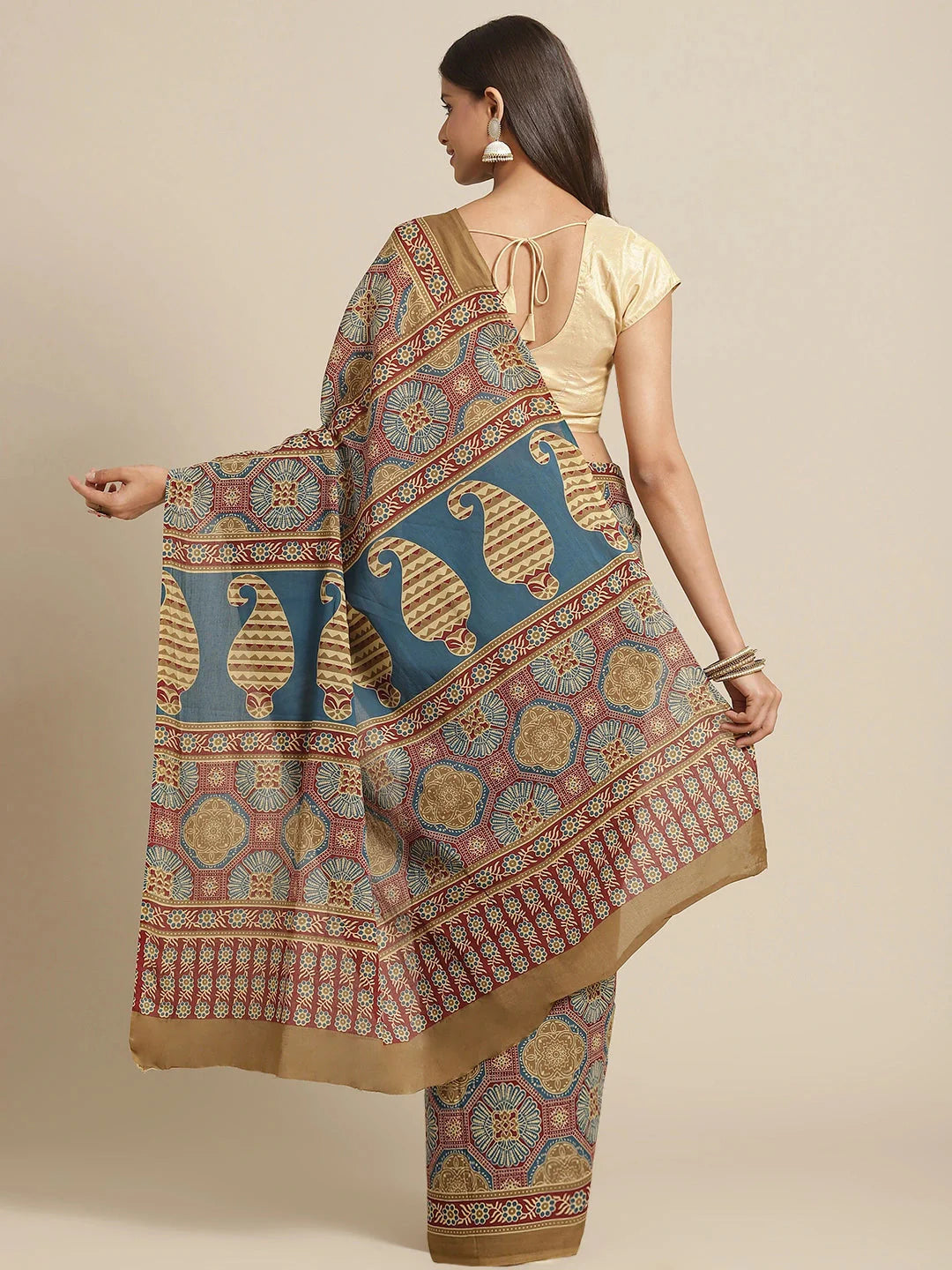 Yufta Maroon and Beige Printed Saree - Distacart
