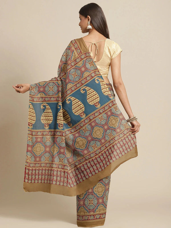 Yufta Maroon and Beige Printed Saree