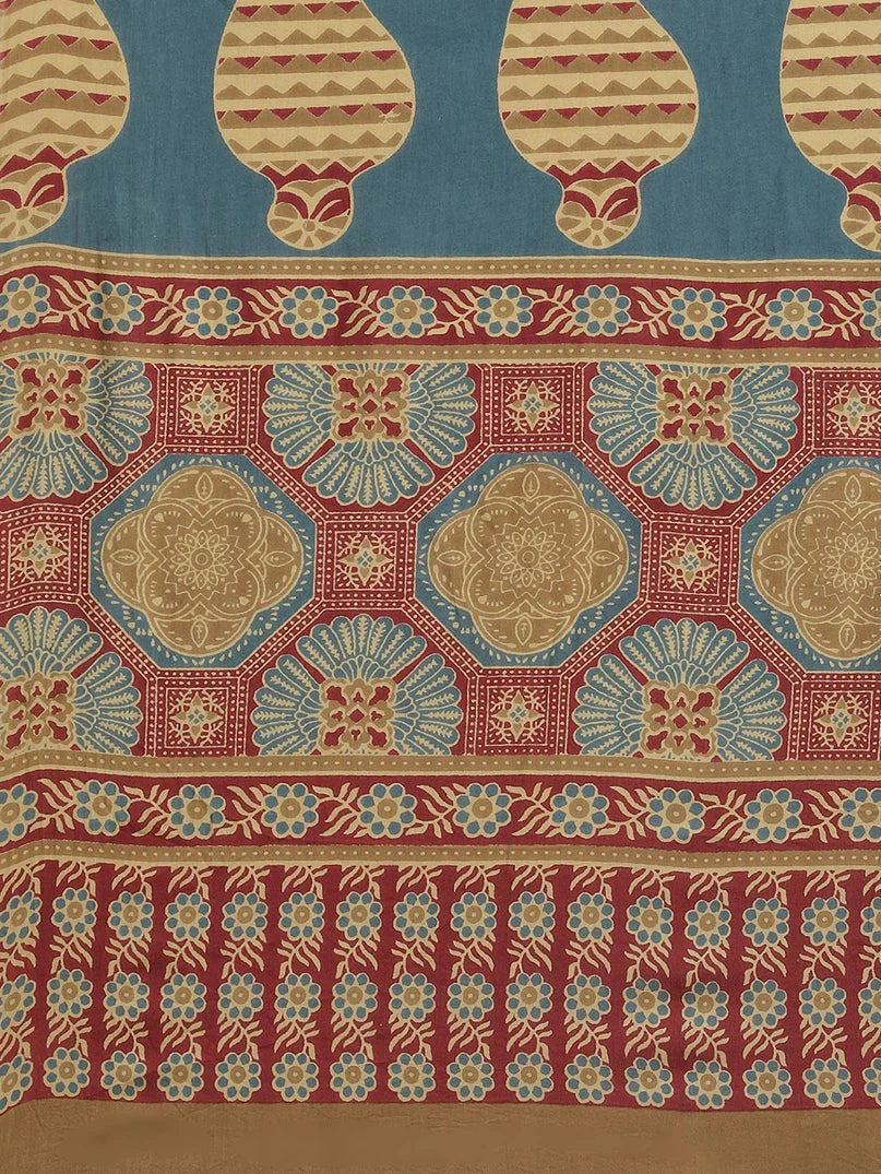 Yufta Maroon and Beige Printed Saree