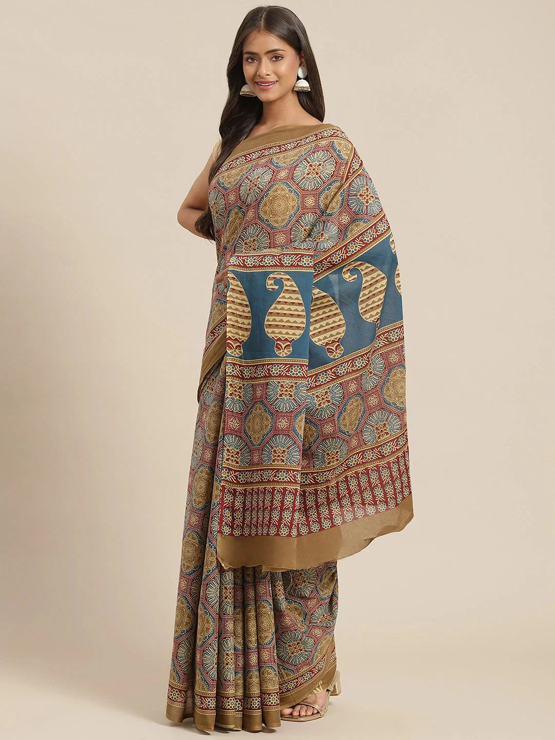 Yufta Maroon and Beige Printed Saree