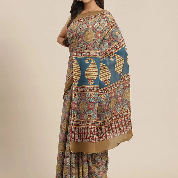 Yufta Maroon and Beige Printed Saree - Distacart
