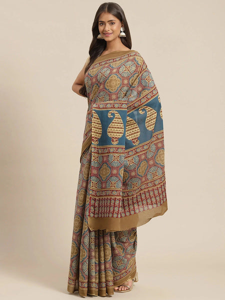 Yufta Maroon and Beige Printed Saree