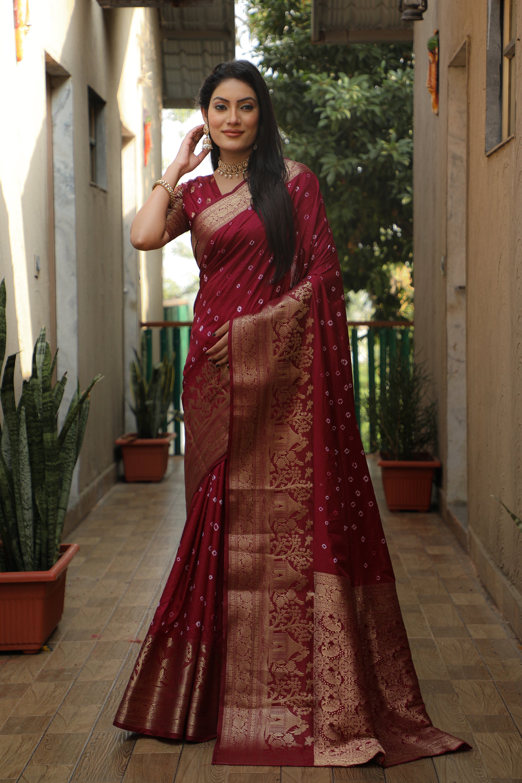 Lorenvalley Premium Pure Handmade Bandhej Kanjivaram silk saree with Zari Weaving Rich Pallu saree - Maroon - Distacart