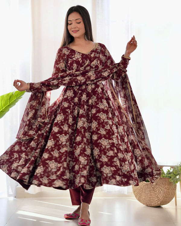Lorenvalley Pure Faux Georgette Multi Floral Print Fully Flared Anarkali Pant With Dupatta Set - Maroon - Distacart