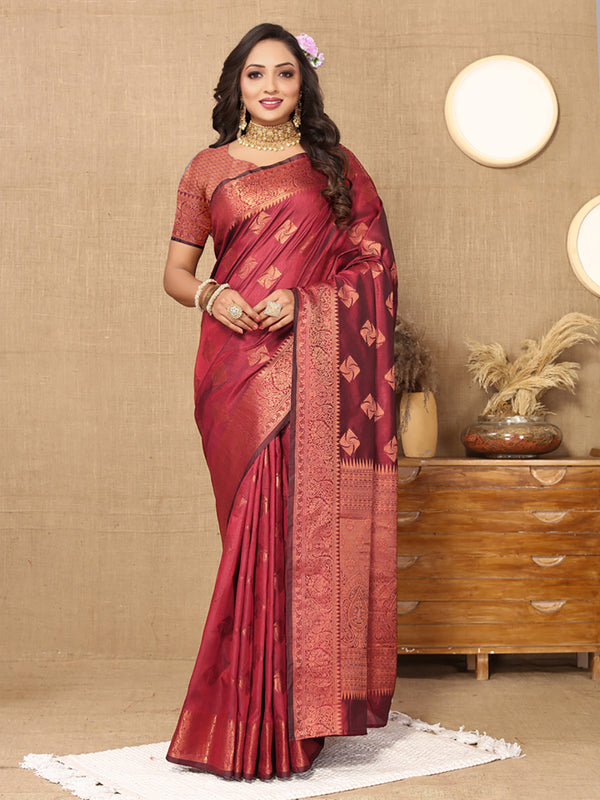 Lorenvalley Fashion Maroon Soft Katan Silk Woven Design Copper Zari Weaving Saree - Distacart