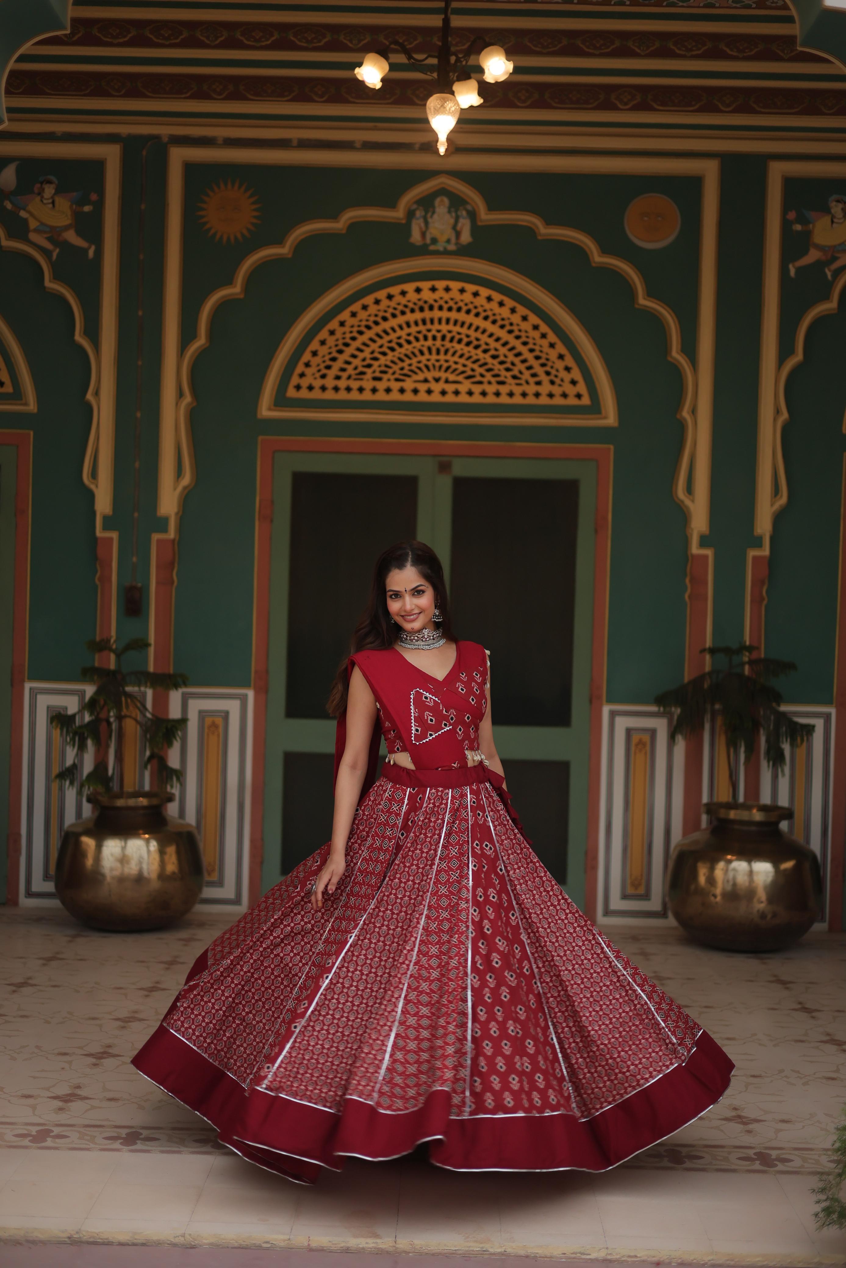 Lorenvalley Maroon Rayon Gota Patti Lace Printed Kali Pattern Lehenga Choli with Dupatta - Distacart