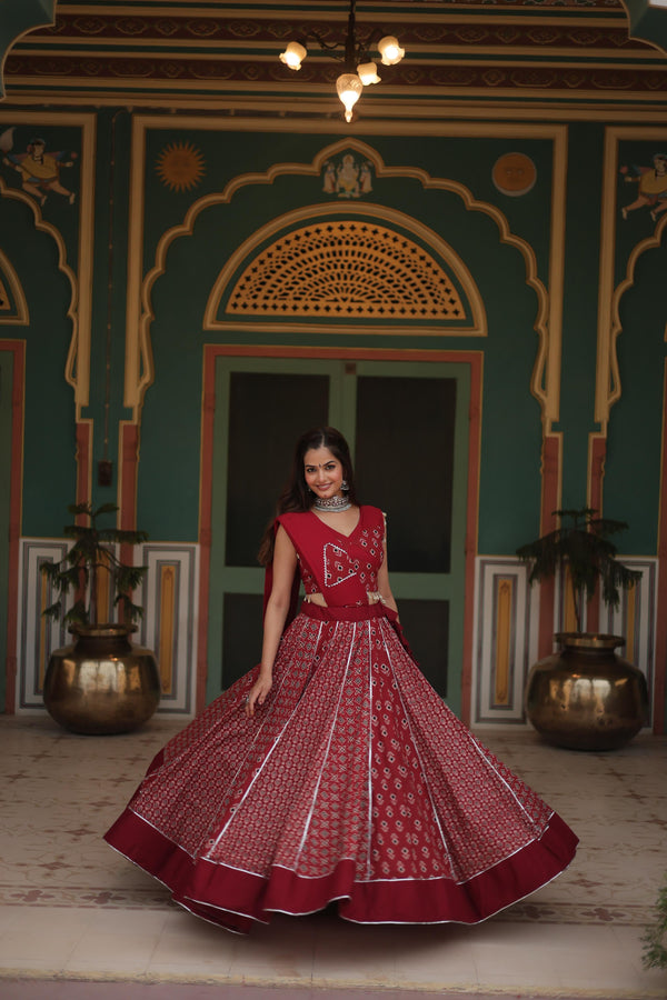 Lorenvalley Maroon Rayon Gota Patti Lace Printed Kali Pattern Lehenga Choli with Dupatta - Distacart