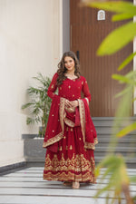 Thumbnail for Lorenvalley Fashion Maroon Faux Georgette with Zari & Sequins Embroidered Work Anarkali Gown with Dupatta