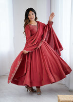 Thumbnail for Lorenvalley Fashion Maroon Roman Shimmer Chanderi Silk Yoke Fancy Handwork Beads Work Anarkali Kurta Pant With Dupatta Set