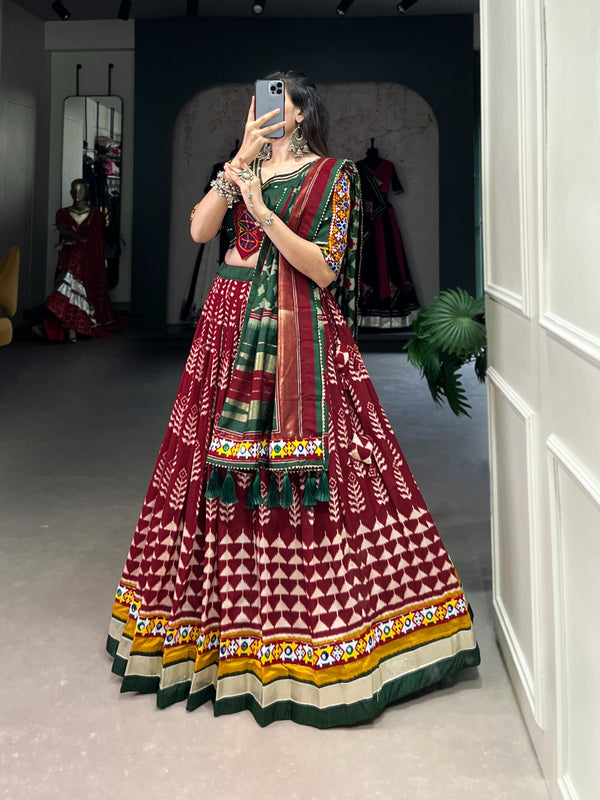 Lorenvalley Maroon Dola Silk with Printed With Foil Work And Original Mirror Gamthi Lace Touch Up Lehenga Choli - Distacart