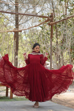 Thumbnail for Evanik Maroon Faux Blooming Gown With Dupatta With Rich Sequins Embroidered work