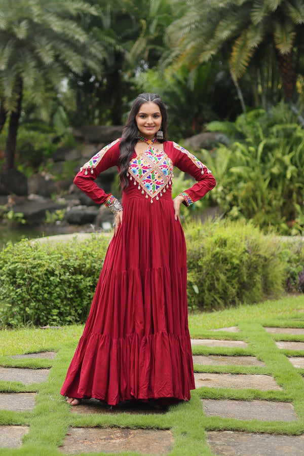 Lorenvalley Maroon Rayon Fabric with Kutchi Gamthi work Gown