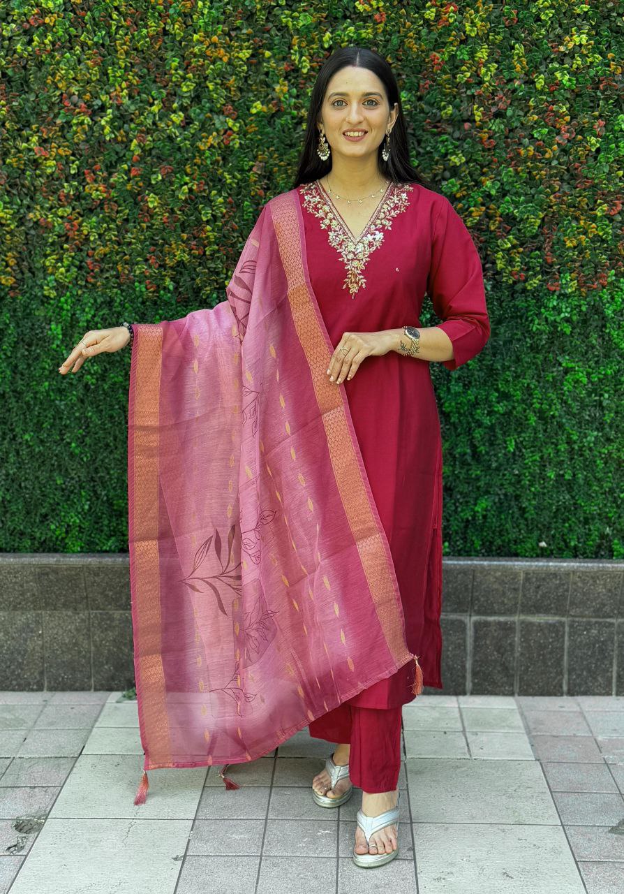 Lorenvalley Fashion Maroon Roman Silk Hand Work Kurta Pant with Dupatta