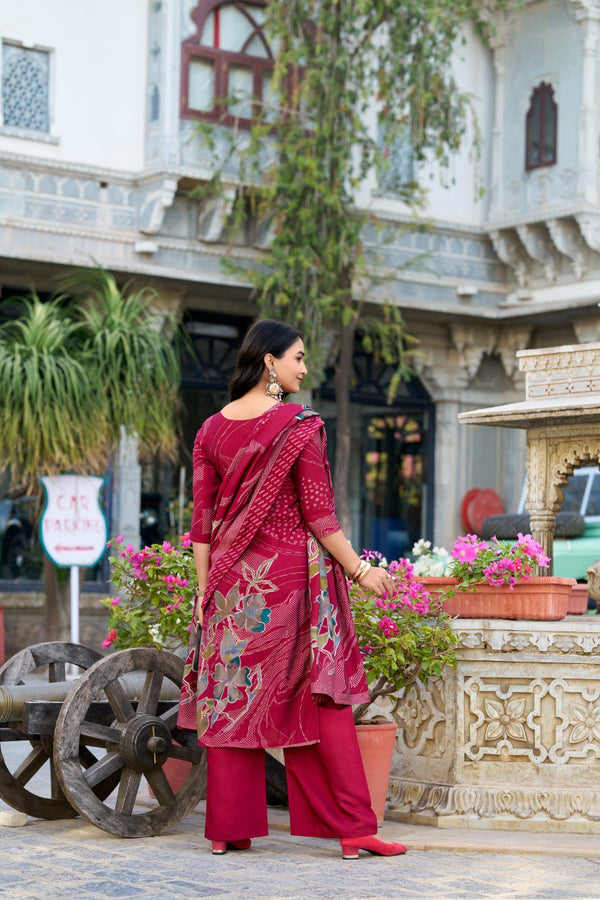 Lorenvalley Maroon Roman Silk Floral Print With Beets Handwork Kurta Set - Distacart