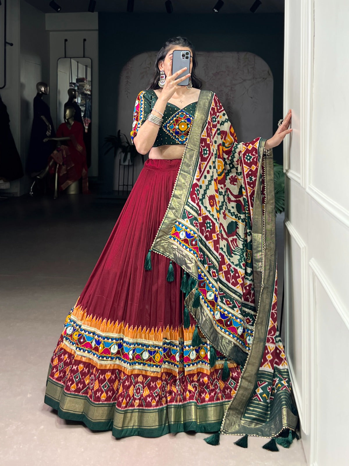 Lorenvalley Fashion Maroon Tasar Silk Print with Foil Work and Real Mirror Gamthi Work with Lace Touch Up Lehenga Choli with Dupatta - Distacart