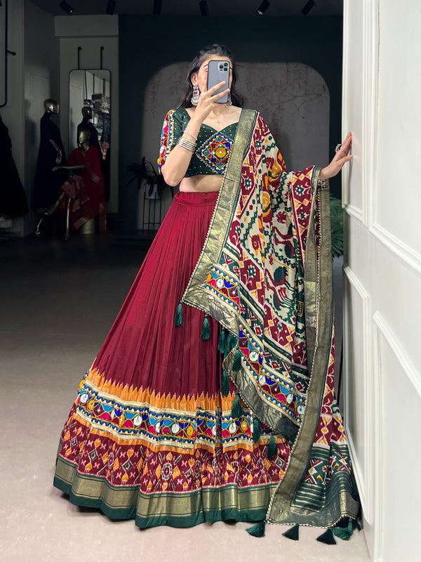Lorenvalley Fashion Maroon Tasar Silk Print with Foil Work and Real Mirror Gamthi Work with Lace Touch Up Lehenga Choli with Dupatta