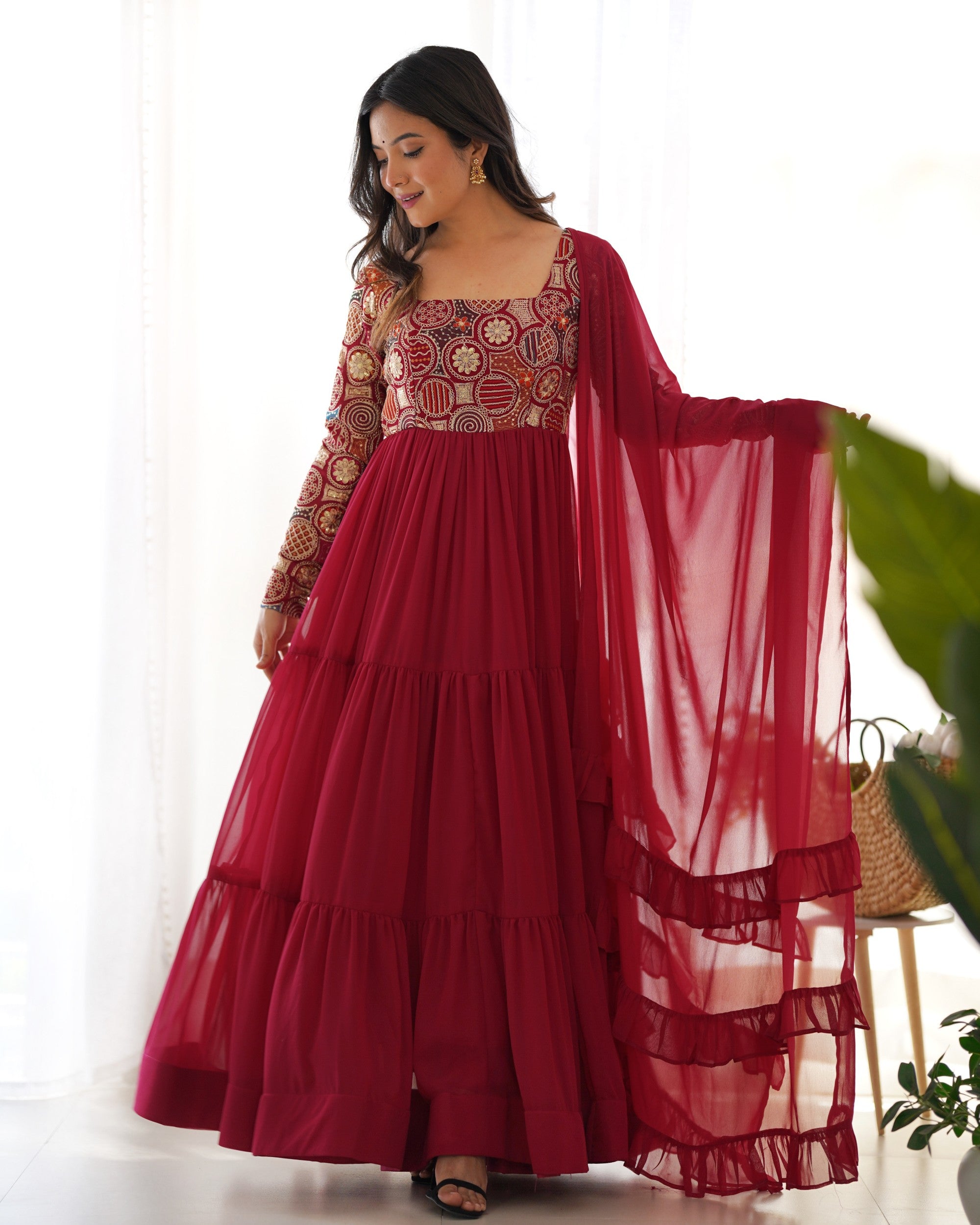 Lorenvalley Fashion Maroon Faux Georgette Embroidery 9 Needle Thread Work Anarkali Pant with Dupatta - Distacart
