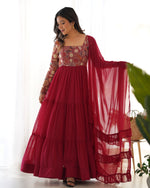 Thumbnail for Lorenvalley Fashion Maroon Faux Georgette Embroidery 9 Needle Thread Work Anarkali Pant with Dupatta - Distacart