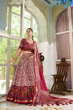 Thumbnail for Lorenvalley Maroon Tussar Silk Floral Print with Foil Print Lehenga Choli with Dupatta - Distacart