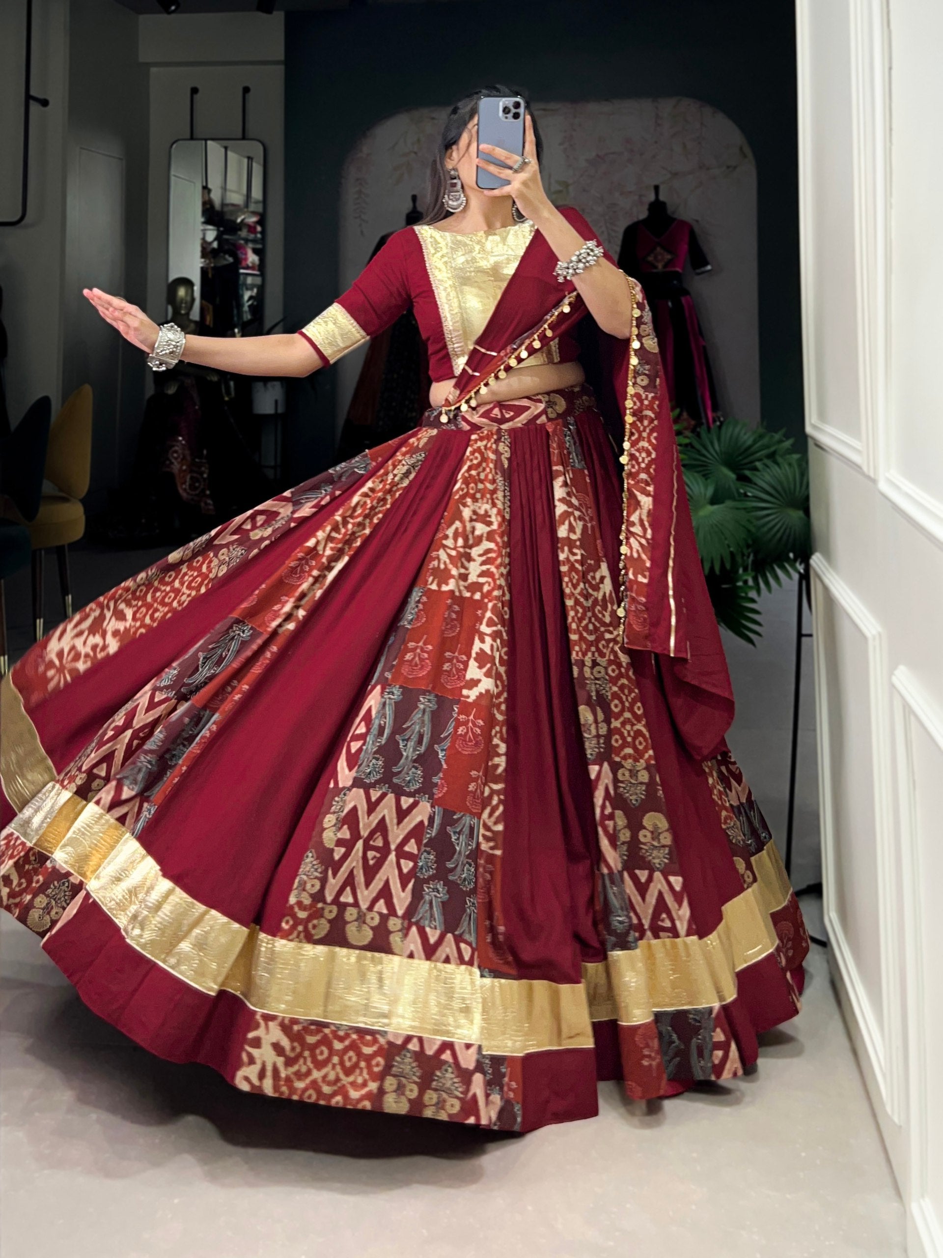 Lorenvalley Maroon Rayon and Tussar Silk Plain And Printed With Embossed Design Gota Lace Lehenga Choli with Dupatta - Distacart