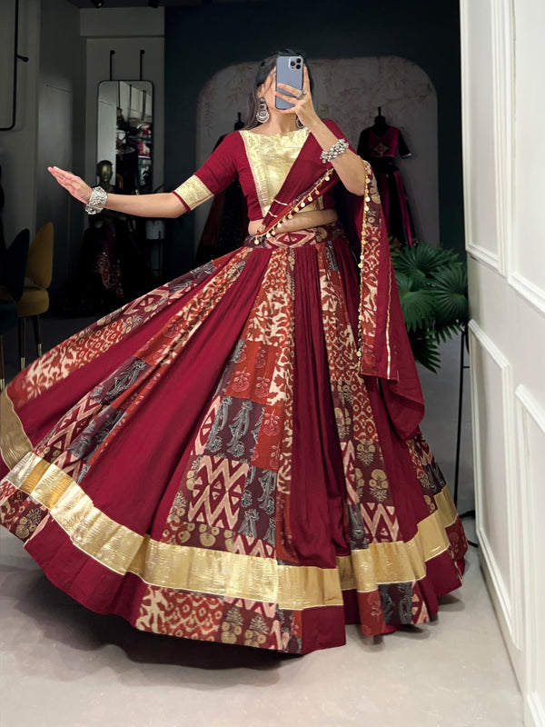 Lorenvalley Maroon Rayon and Tussar Silk Plain And Printed With Embossed Design Gota Lace Lehenga Choli with Dupatta - Distacart