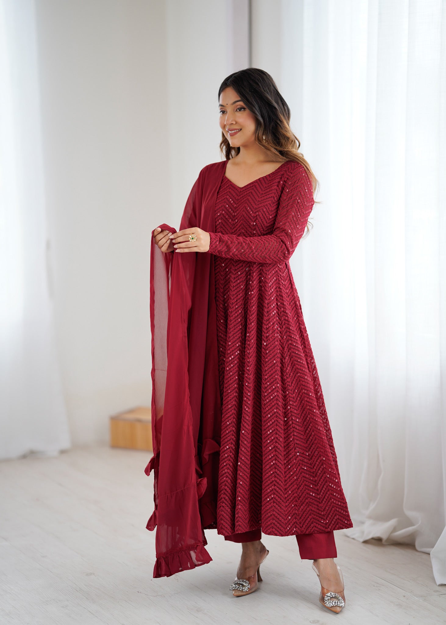 Lorenvalley Fashion Maroon Faux Georgette Lukhnowi Sequence Work Anarkali Kurta Pant With Dupatta Set