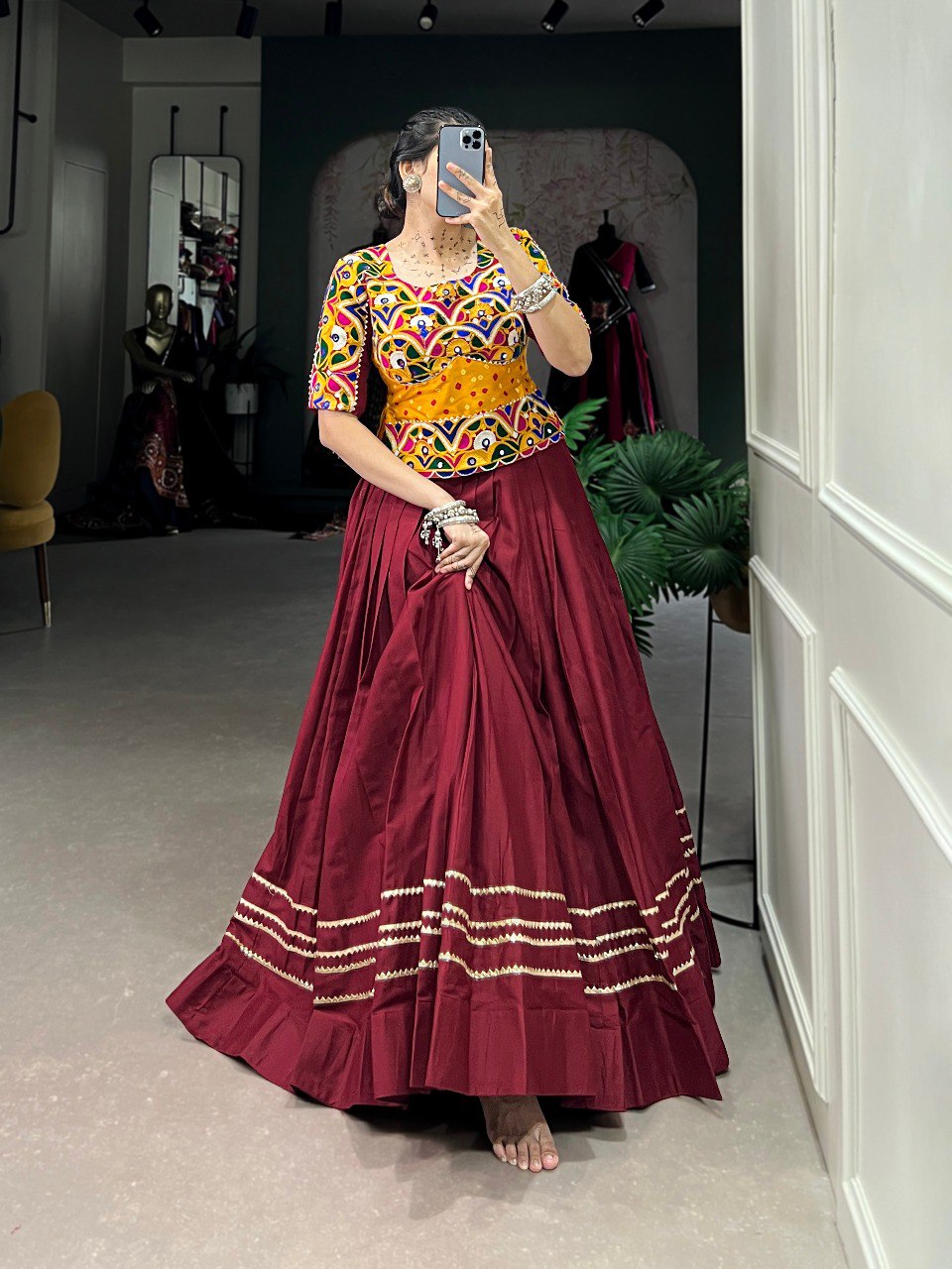 Lorenvalley Pure Cotton Maroon Plain With Gota Patti Touch Up Lehenga Choli - Distacart