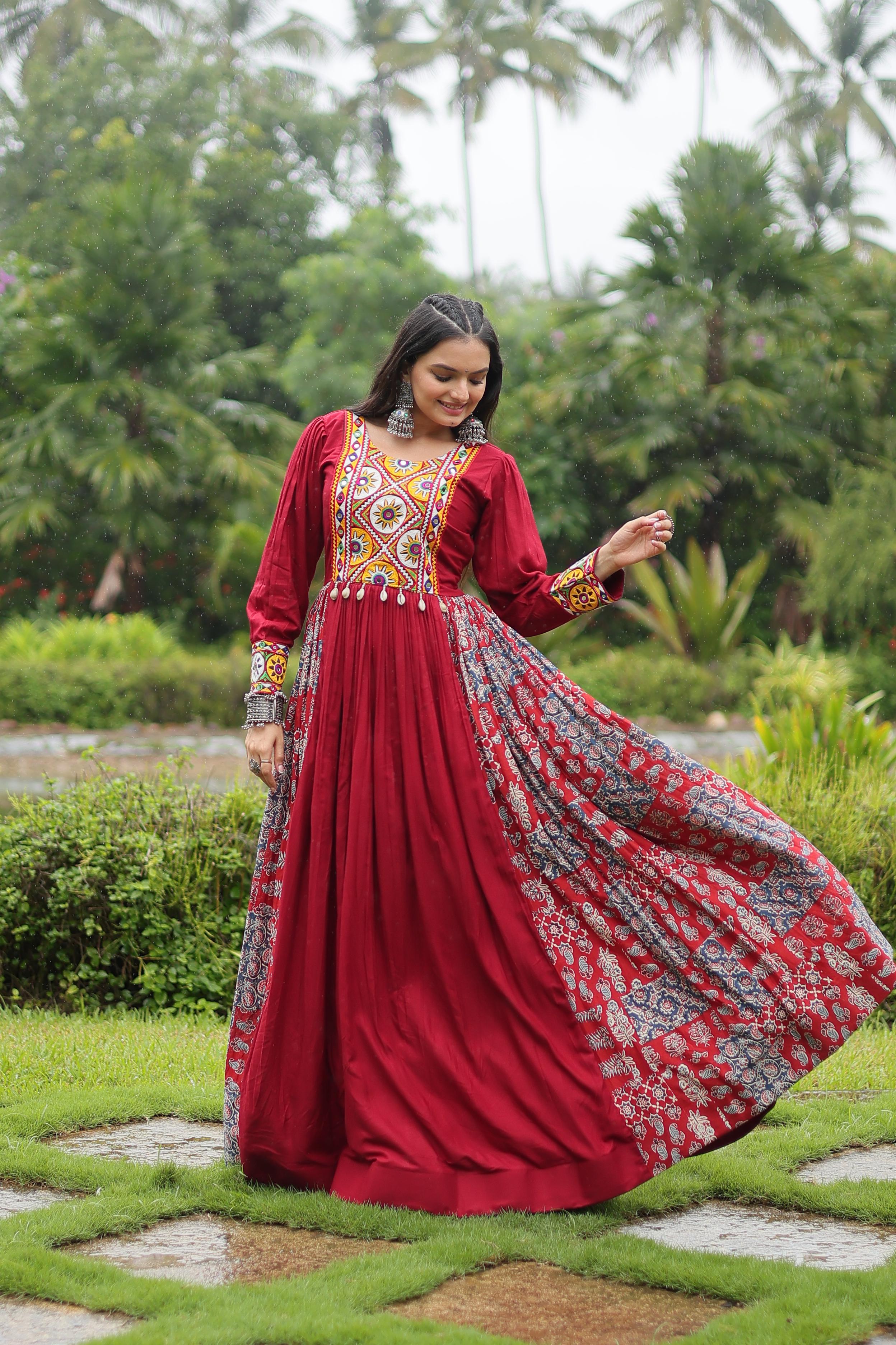 Lorenvalley Maroon Rayon Contrast of Printed with Kutchi Gamthi work Gown - Distacart