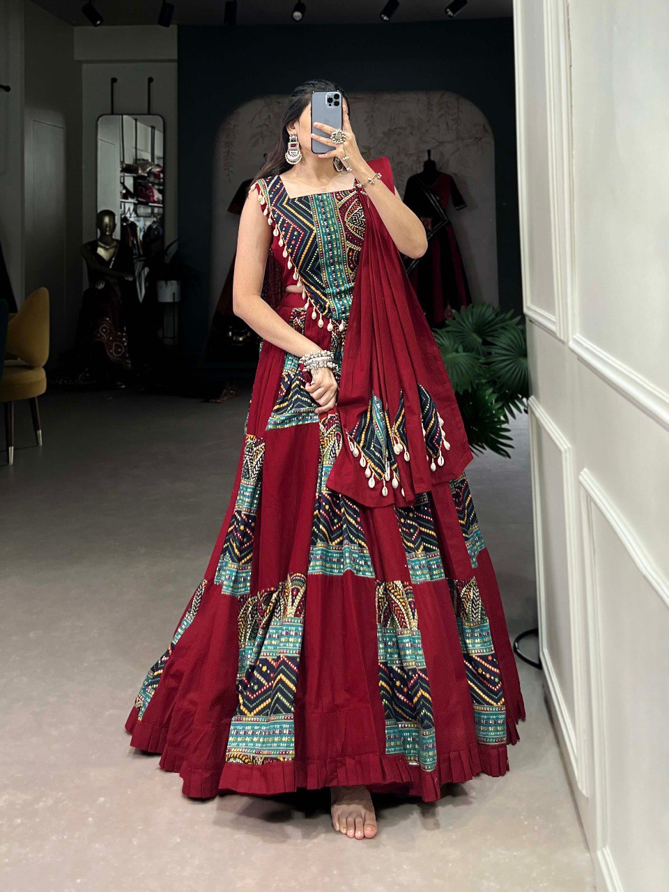 Lorenvalley Maroon Pure Cotton Plain And Printed With Foil Work Lehenga Choli with Dupatta - Distacart