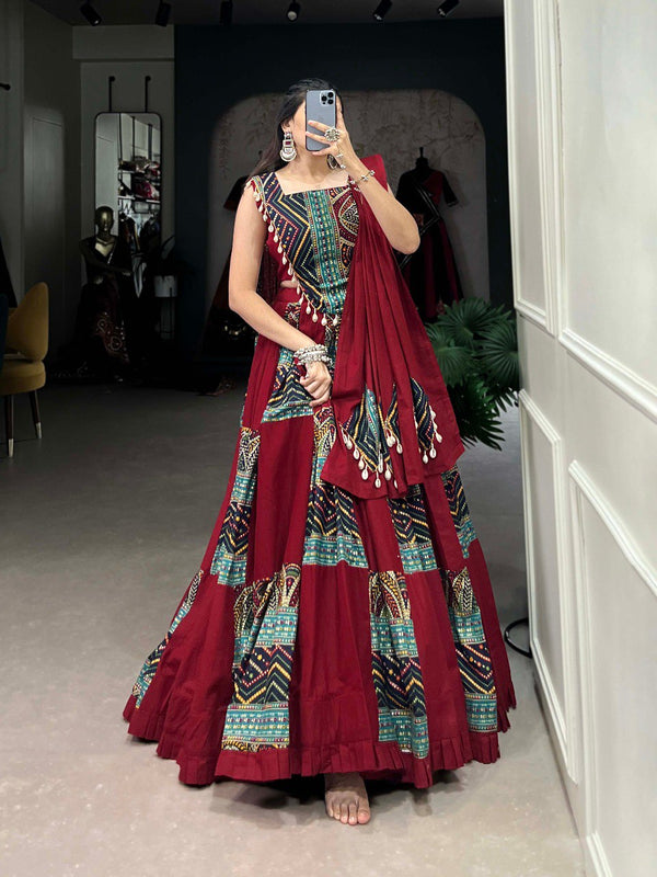 Lorenvalley Maroon Pure Cotton Plain And Printed With Foil Work Lehenga Choli with Dupatta - Distacart