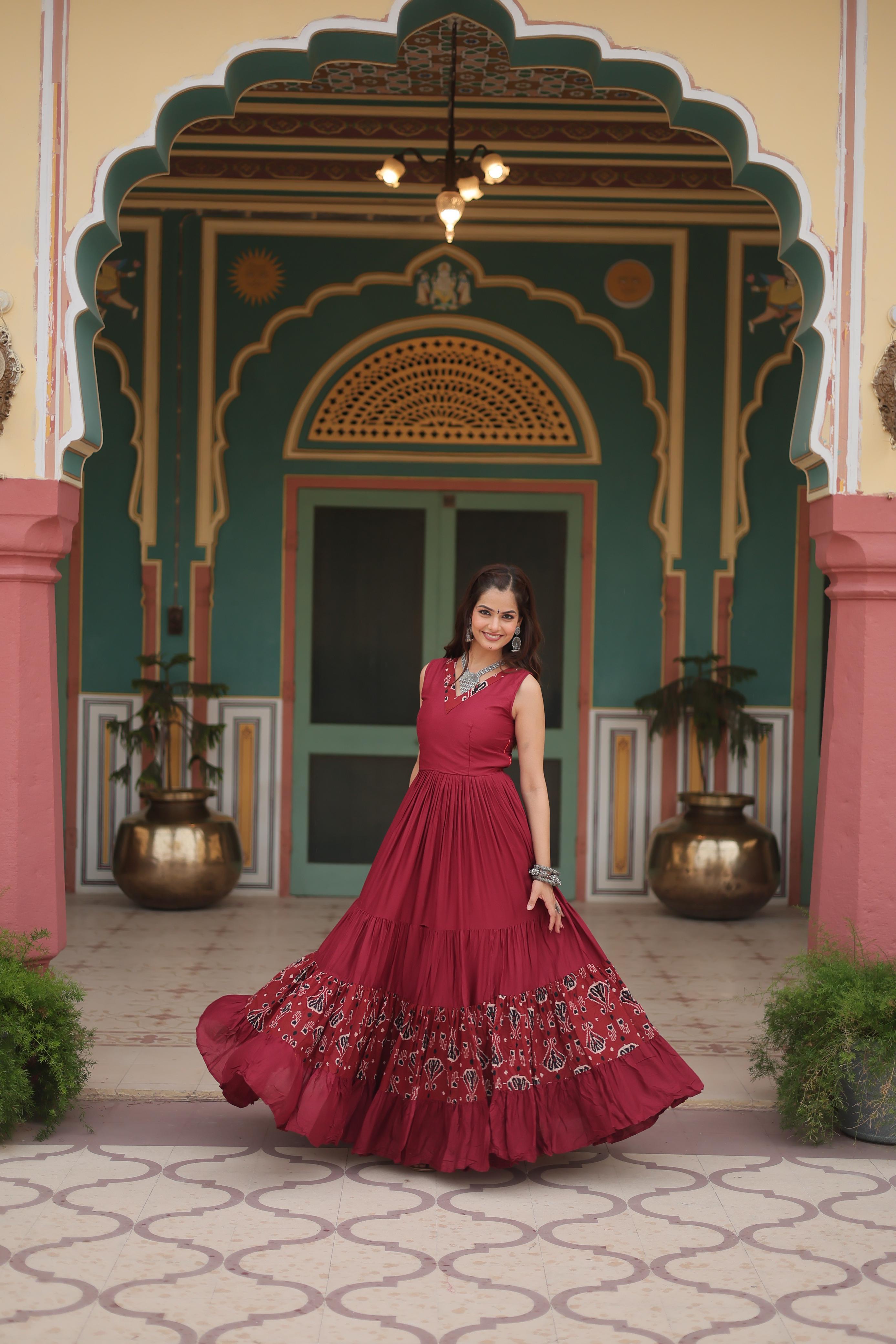 Lorenvalley Maroon Rayon Fabric with Printed Attached In Frill And Neck Gown - Distacart