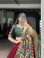 Thumbnail for Lorenvalley Fashion Maroon Tasar Silk Print with Foil Work and Real Mirror Gamthi Work with Lace Touch Up Lehenga Choli with Dupatta
