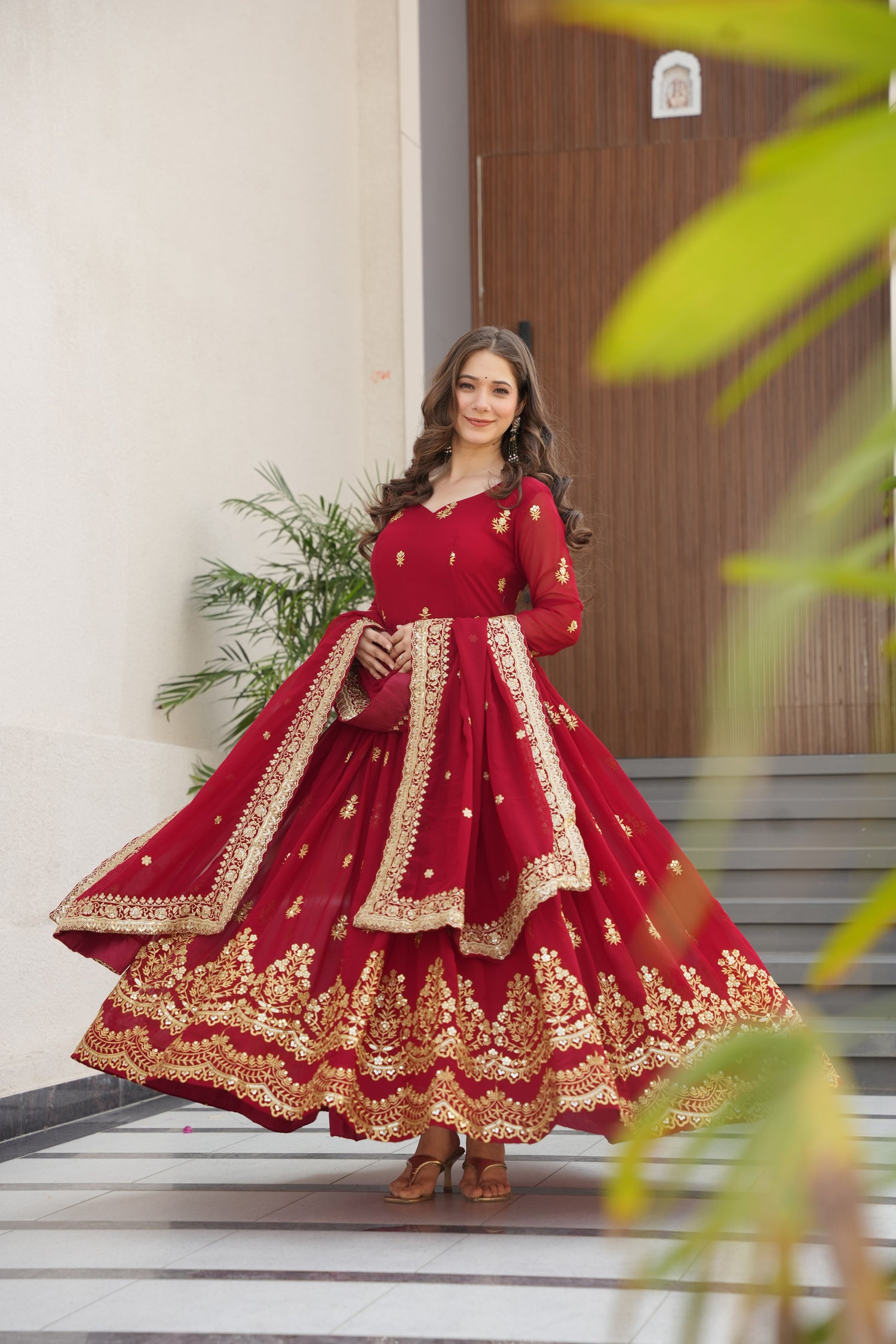 Lorenvalley Fashion Maroon Faux Georgette with Zari & Sequins Embroidered Work Anarkali Gown with Dupatta