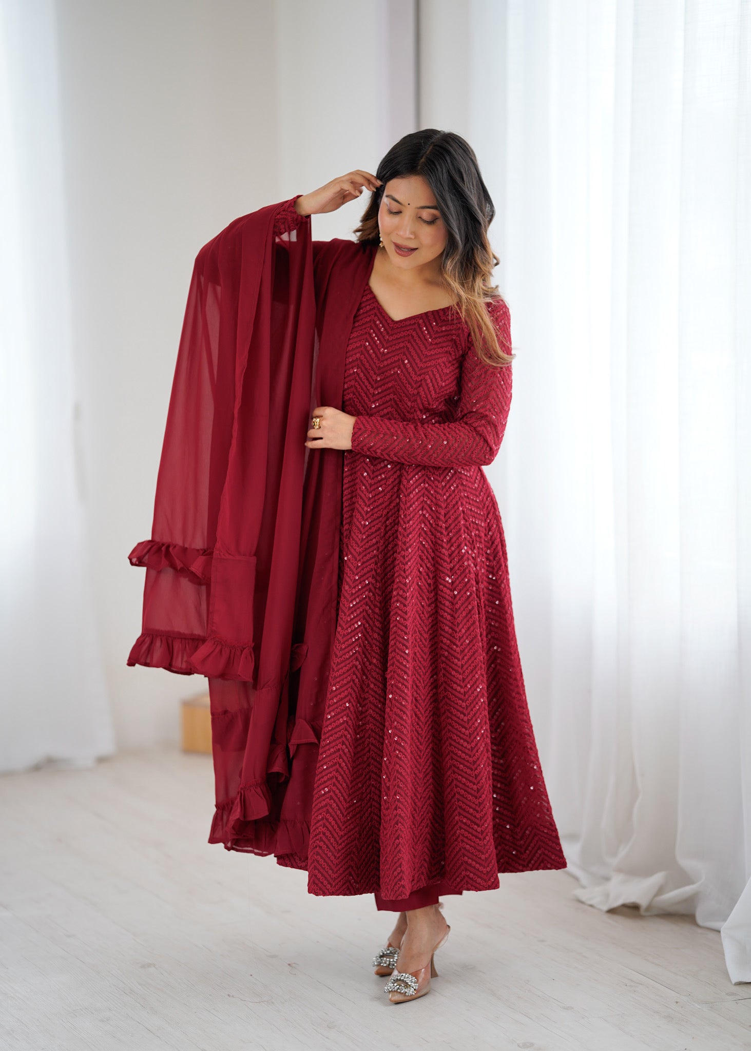 Lorenvalley Fashion Maroon Faux Georgette Lukhnowi Sequence Work Anarkali Kurta Pant With Dupatta Set