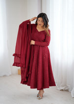 Thumbnail for Lorenvalley Fashion Maroon Faux Georgette Lukhnowi Sequence Work Anarkali Kurta Pant With Dupatta Set