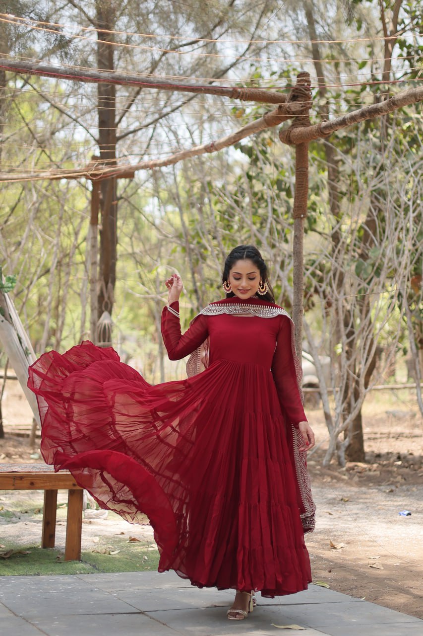 Evanik Maroon Faux Blooming Gown With Dupatta With Rich Sequins Embroidered work
