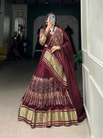 Thumbnail for Lorenvalley Maroon Gaji Silk Digital Print With Lagadi Patta Lehenga Choli with Dupatta - Distacart