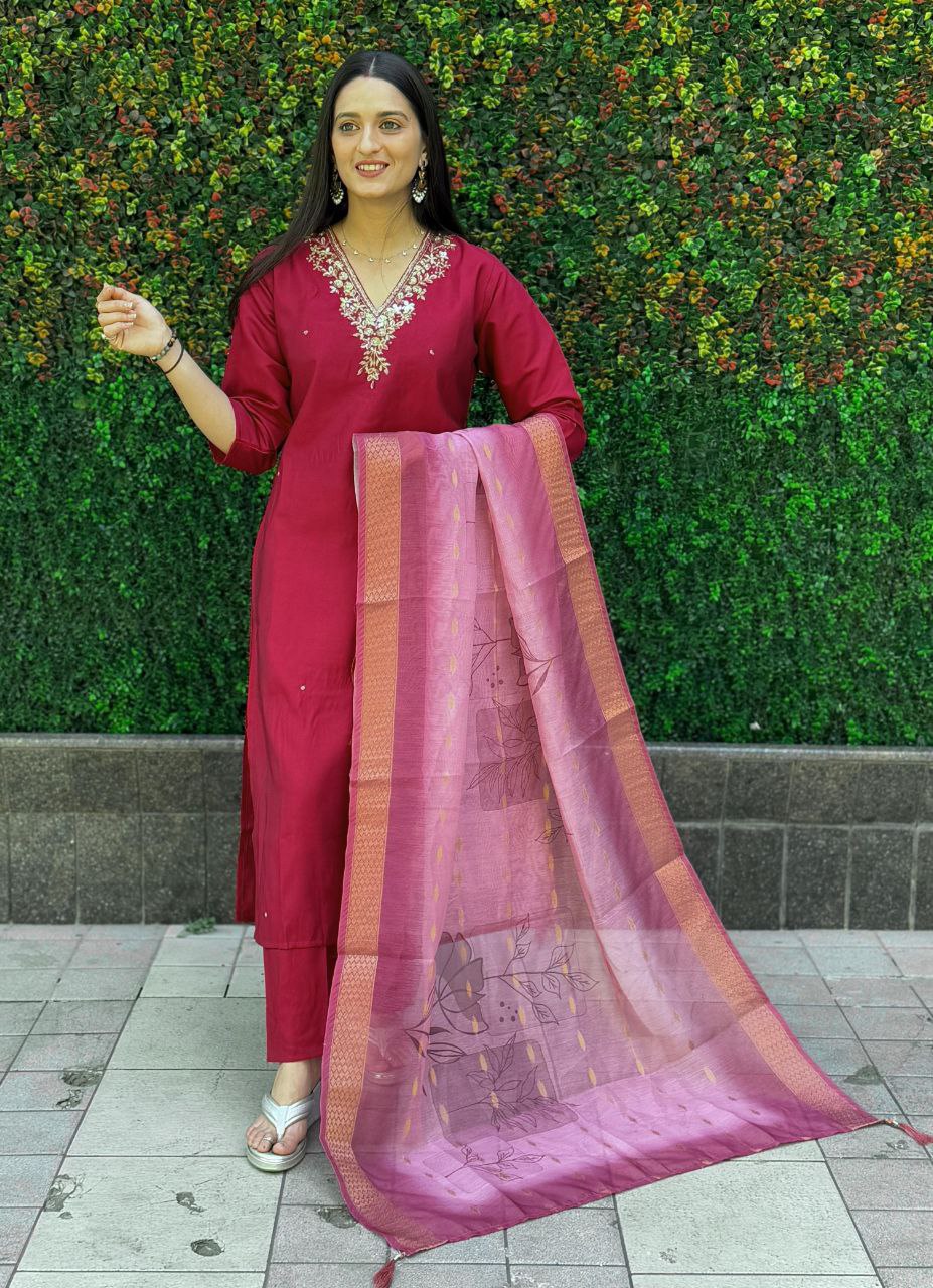 Lorenvalley Fashion Maroon Roman Silk Hand Work Kurta Pant with Dupatta
