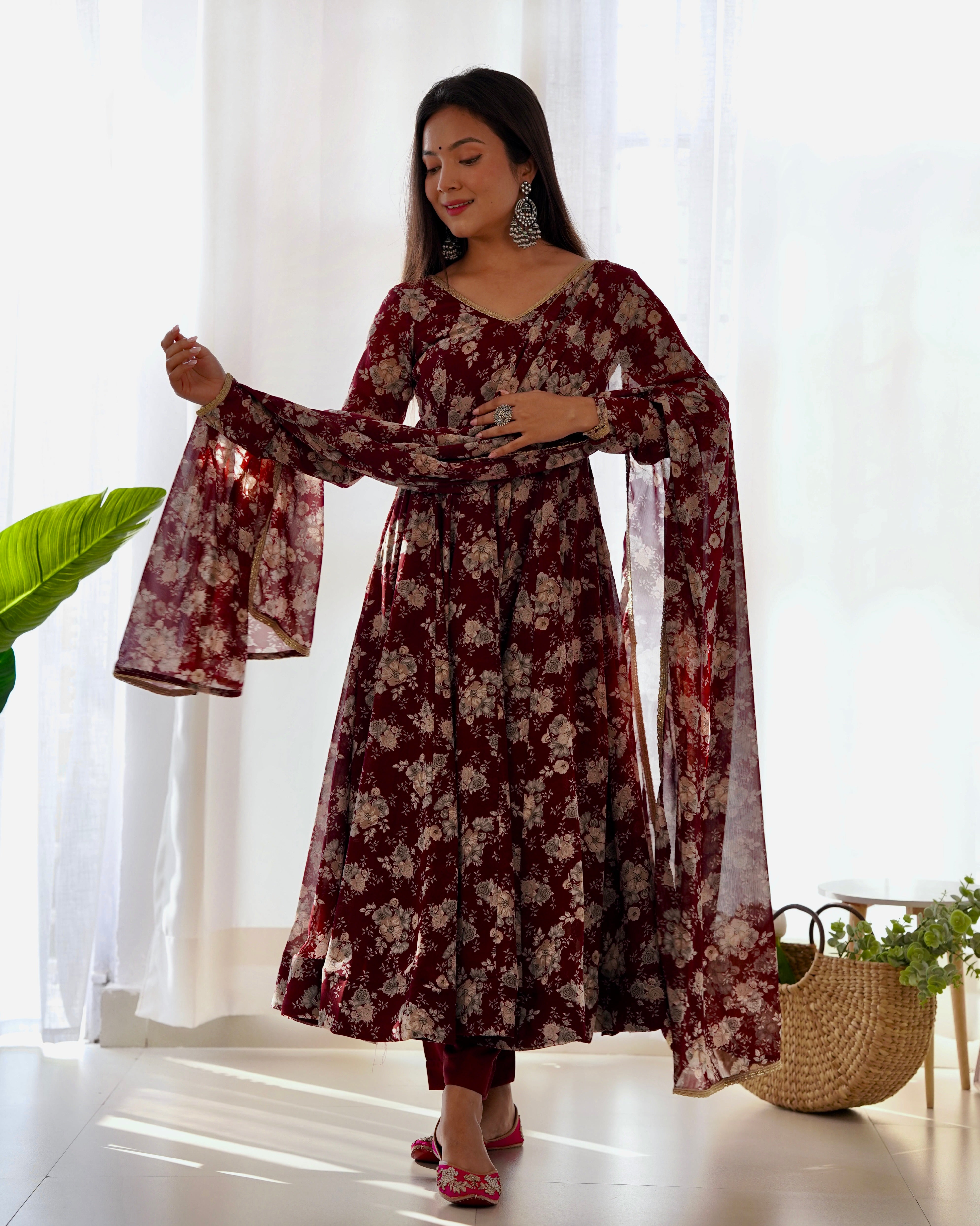 Lorenvalley Pure Faux Georgette Multi Floral Print Fully Flared Anarkali Pant With Dupatta Set - Maroon - Distacart