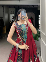 Thumbnail for Lorenvalley Pure Cotton Maroon Plain And Printed With Foil Work Lehenga Choli with Dupatta - Distacart